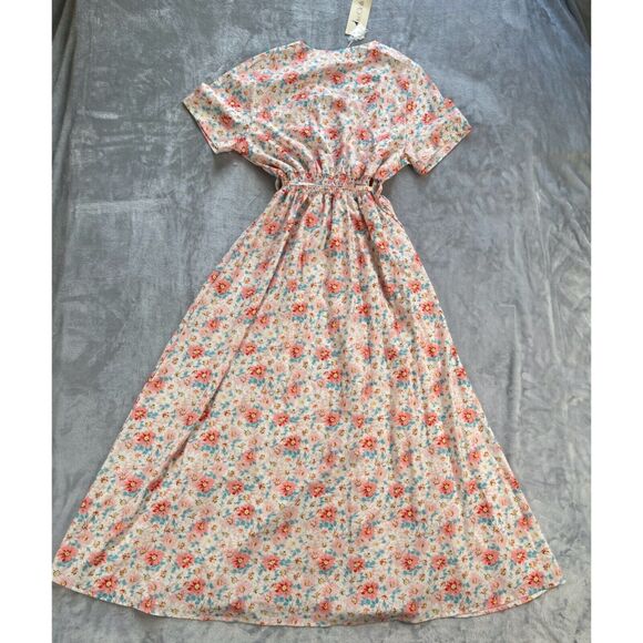 Live Cloth Dress Large Pink Blue Floral Maxi Smocked Waist Tie V-neck Button Up - Picture 5 of 16